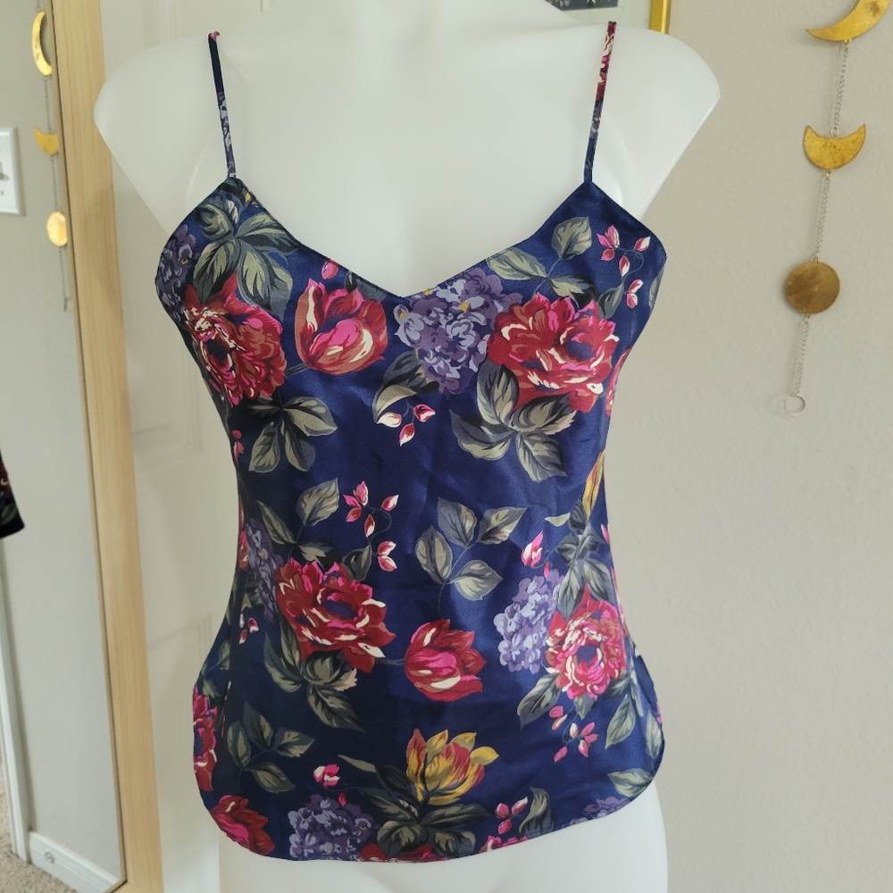 Erika Taylor Intimates Camisole Floral Satin S EUC  Vintage Navy